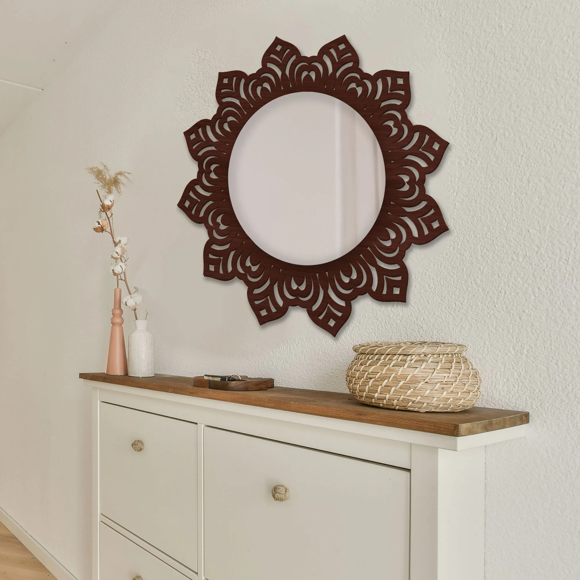 Floral Design Modern Decorative Round Wooden Wall Mirror