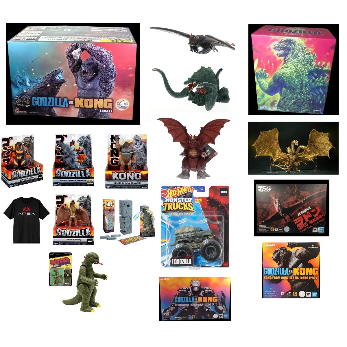 Godzilla 17-Piece Mega Bundle - Figures, Jenga, T-Shirt, Mezco, Bandai   More