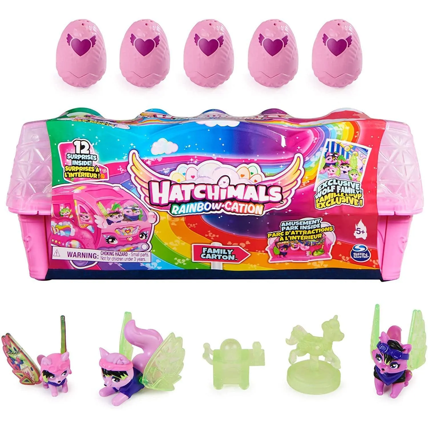 Hatchimals CollEGGtibles, Rainbow-Cation Wolf Family Carton with Surprise Playset.